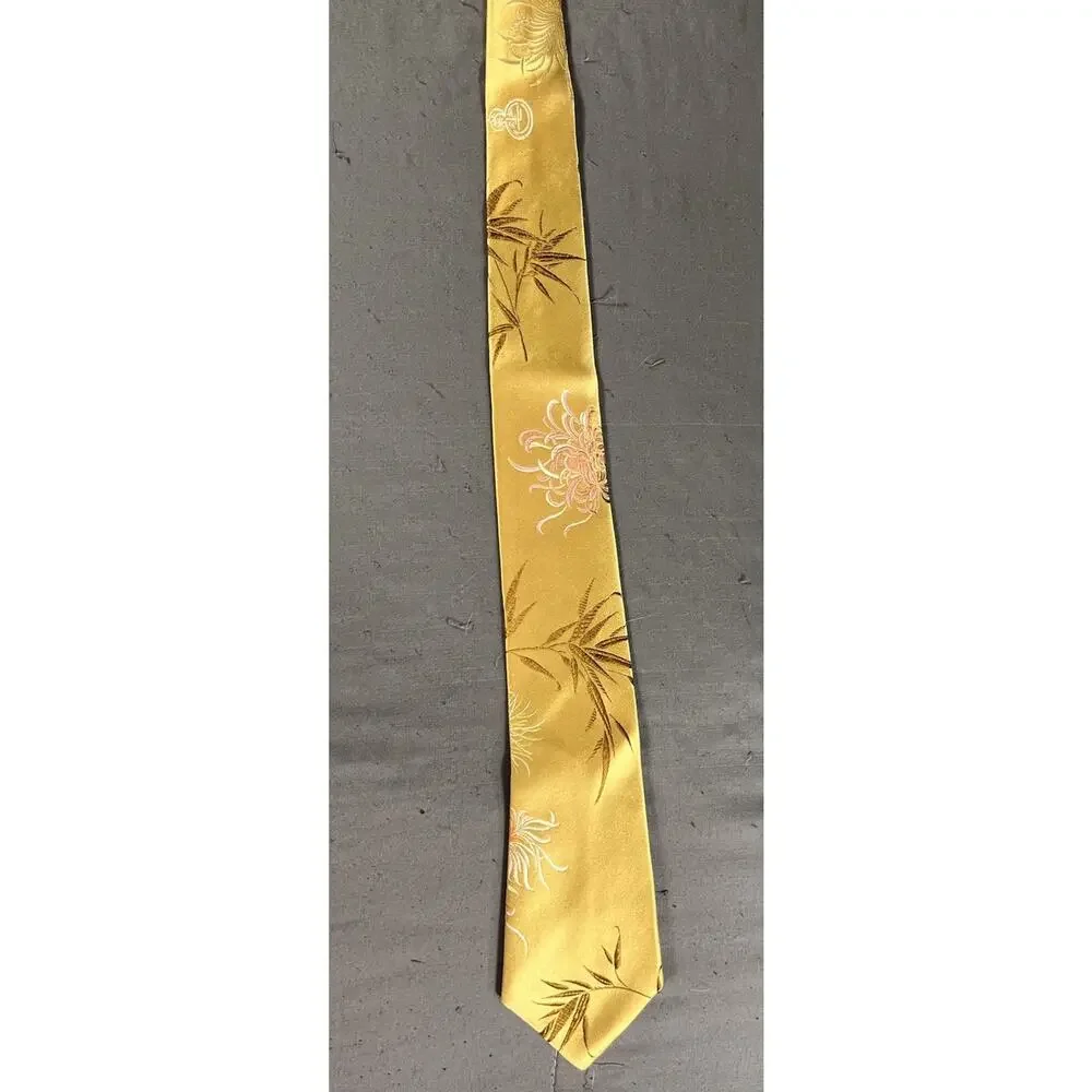 Vintage Shanghai No. 5 Silk Mill Gold Woven Silk Tie Bamboo Floral Design 53